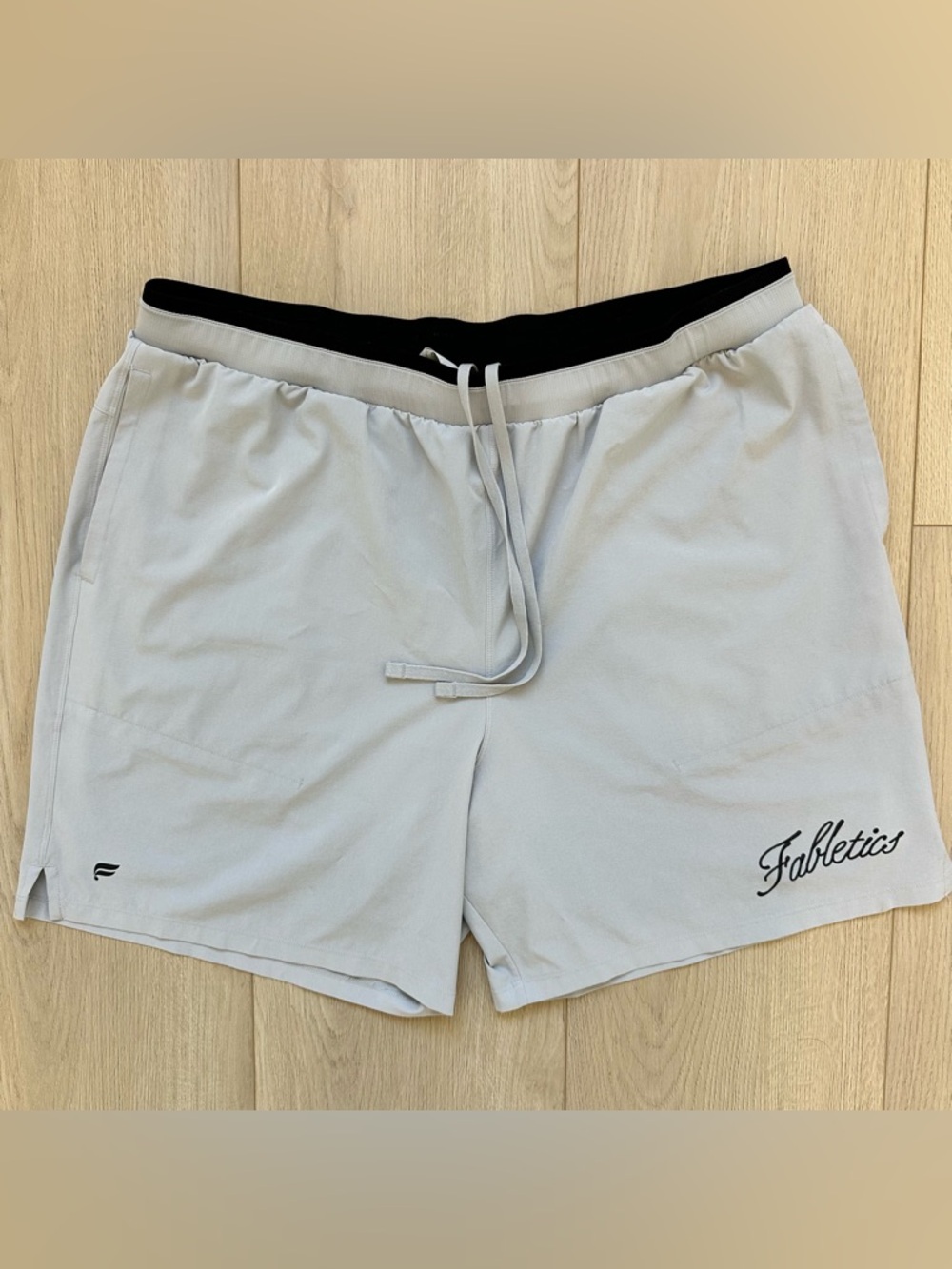 Fabletics Light Gray Athletic Drawstring Shorts with Black Waistband